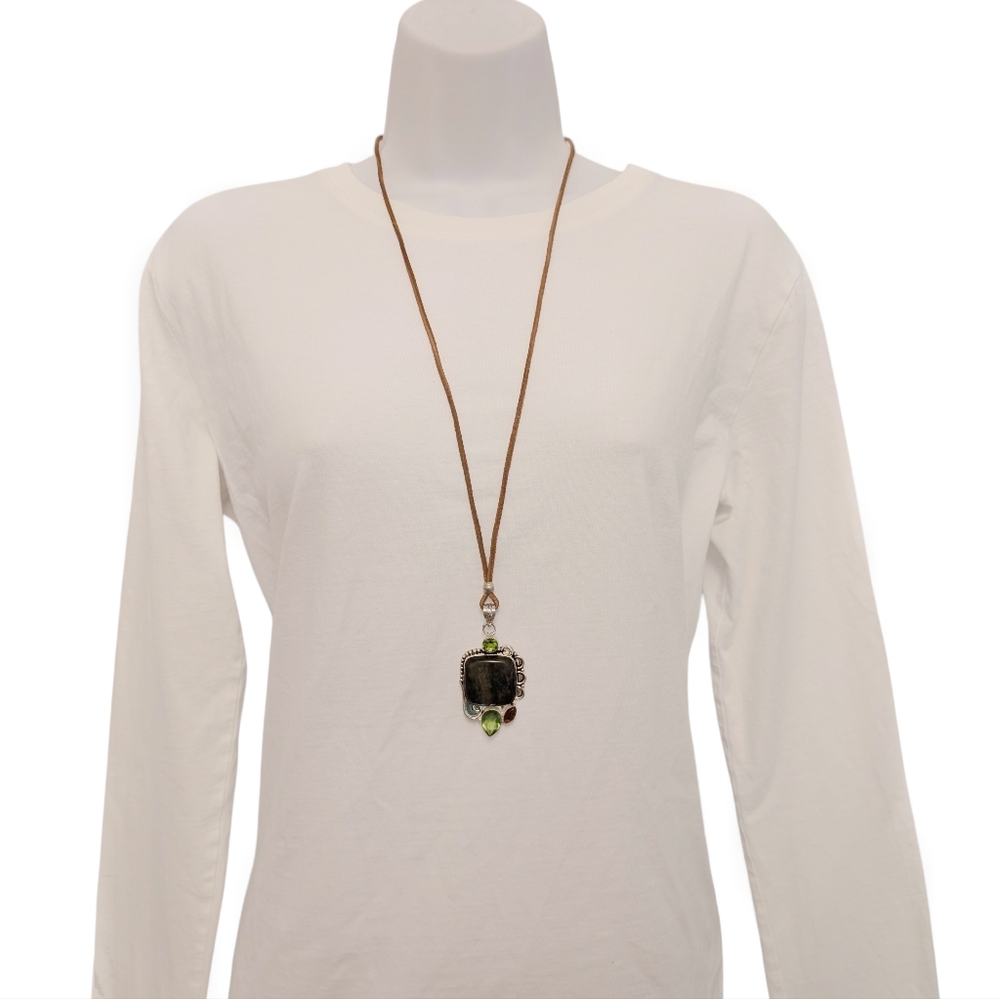 VINTAGE Pendant Necklace Labradorite Peridot 36" 925 Sterling Silver Leather - Picture 9 of 14
